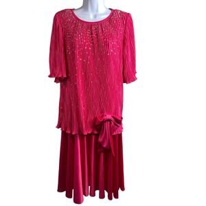 Vintage Gilberti Pink Sequin Pleated Midi Dress Size 12‎ Special Occasion 80's